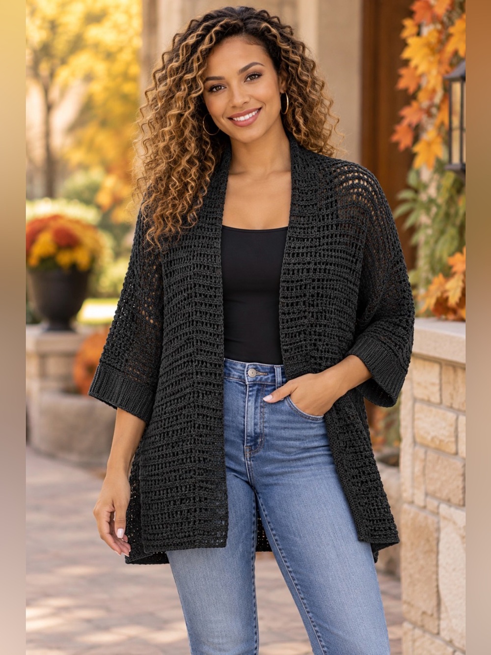 Eileen Fisher Black Open-Stitch Knit Shrug